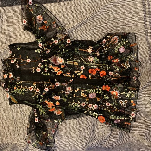 Whimsical Floral Sheer Mock-Neck Peplum - Picture 3 of 5